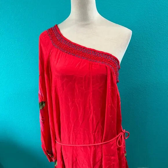Farm Rio Summer Foliage Scarf Red Maxi Dress Red Floral One Shoulder Size L