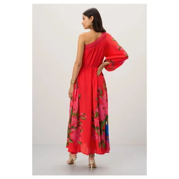 Farm Rio Summer Foliage Scarf Red Maxi Dress Red Floral One Shoulder Size L