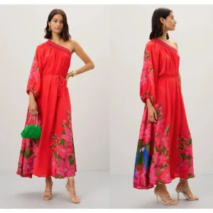 Farm Rio Summer Foliage Scarf Red Maxi Dress Red Floral One Shoulder Size L