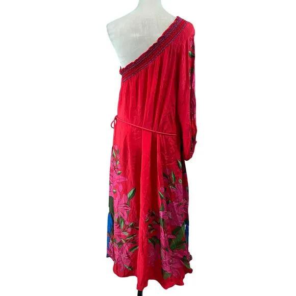 Farm Rio Summer Foliage Scarf Red Maxi Dress Red Floral One Shoulder Size L