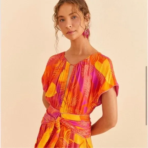 Farm Rio Womens Summer Garden Ombre Maxi Dress Large Pink &amp; Orange FarmRio NWT