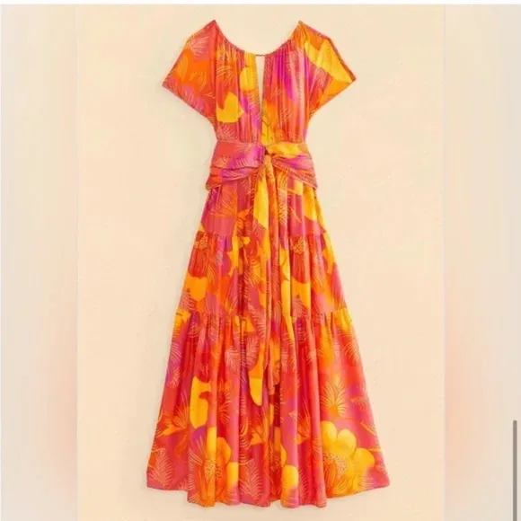 Farm Rio Womens Summer Garden Ombre Maxi Dress Large Pink &amp; Orange FarmRio NWT