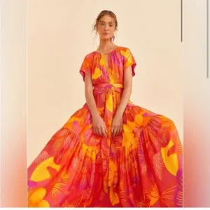 Farm Rio Womens Summer Garden Ombre Maxi Dress Large Pink &amp; Orange FarmRio NWT
