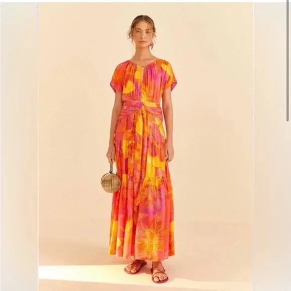 Farm Rio Womens Summer Garden Ombre Maxi Dress Large Pink &amp; Orange FarmRio NWT