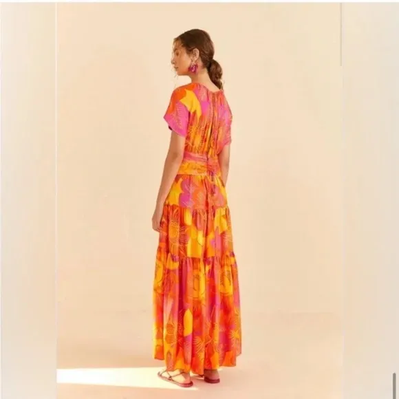 Farm Rio Womens Summer Garden Ombre Maxi Dress Large Pink &amp; Orange FarmRio NWT