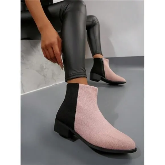 Fashionable Pink &amp; Black Color Block Short Boots