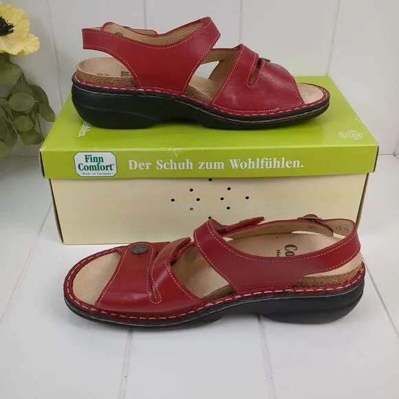 Finn Comfort Gomera Red Leather Sandals Size 7.5 D / 38 Soft Footbed Germany