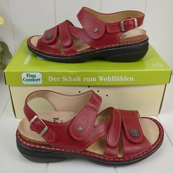 Finn Comfort Gomera Red Leather Sandals Size 7.5 D / 38 Soft Footbed Germany