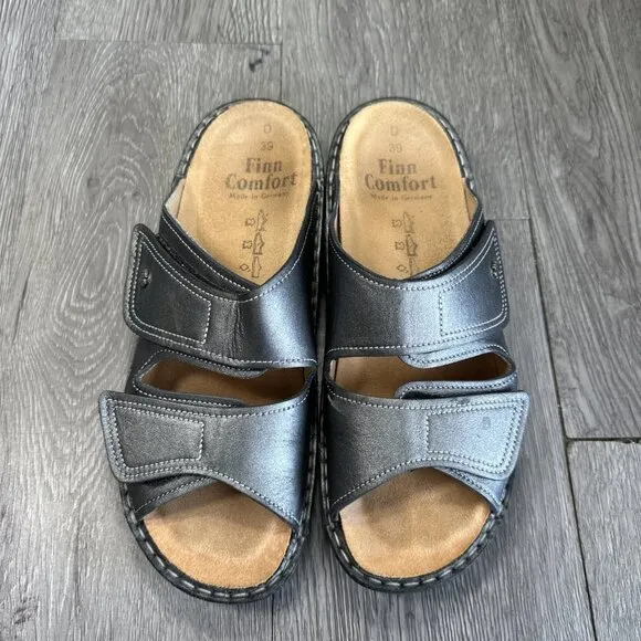 Finn Comfort Jamaica Volcano Pewter Metallic Leather Women Sandals Size8.5-9/39D