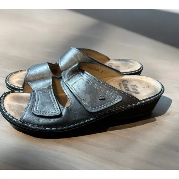 Finn Comfort Slide Sandals Women EU 42 Leather Metallic Gray Wedge Sansibar