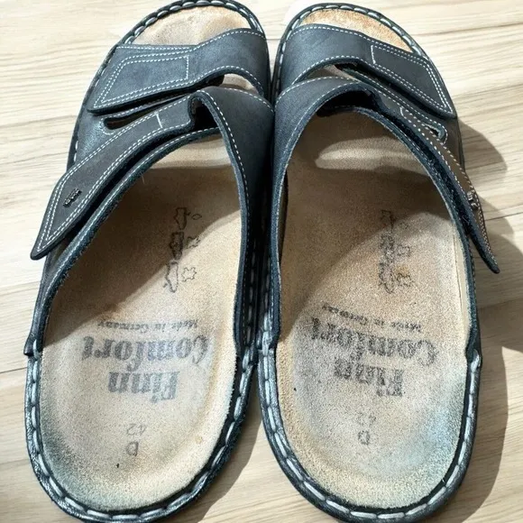 Finn Comfort Slide Sandals Women EU 42 Leather Metallic Gray Wedge Sansibar