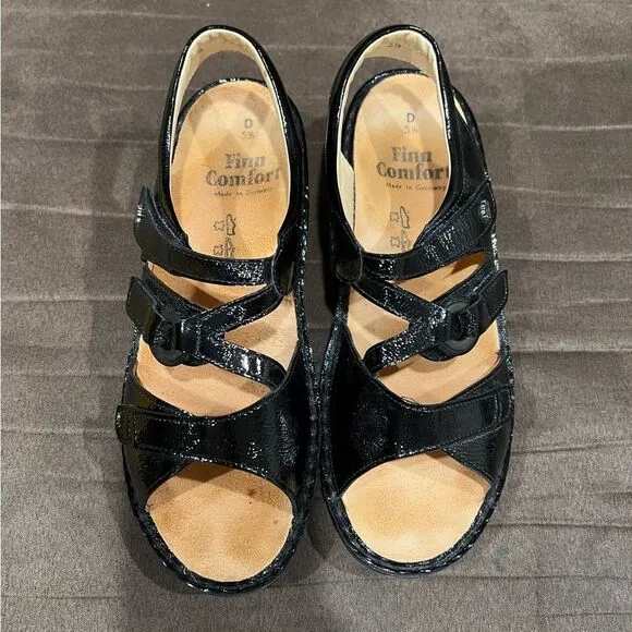 Finn Comfort Women's Black Patent Leather Sandals Adjustable Wedge US Sz 8