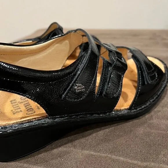 Finn Comfort Women's Black Patent Leather Sandals Adjustable Wedge US Sz 8