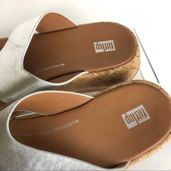 Fitflop F-mode Metallic Leather and Cork Platform Thong Sandals Sz 7