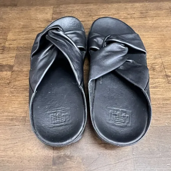 FitFlop Womens Twiss Black Leather Slide Sandals Comfort Casual Black US 7