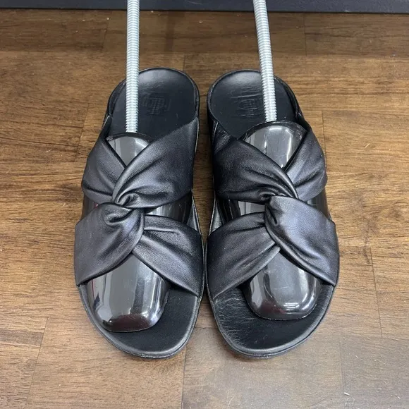 FitFlop Womens Twiss Black Leather Slide Sandals Comfort Casual Black US 7