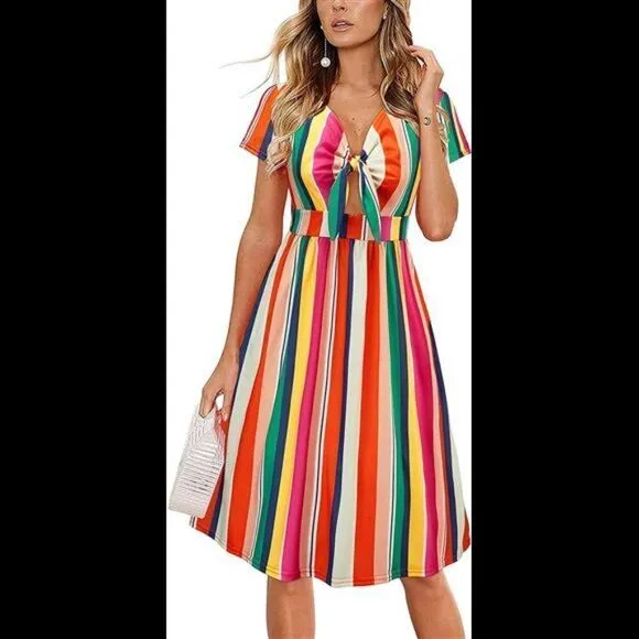 Floral V Neck Tie Front Short Sleeve Spaghetti dress with Pockets