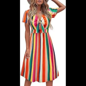Floral V Neck Tie Front Short Sleeve Spaghetti dress with Pockets