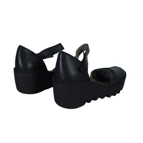 Fly London Womens Shoes 37 Black Leather Platform Ankle Strap Chunky Sole Indie