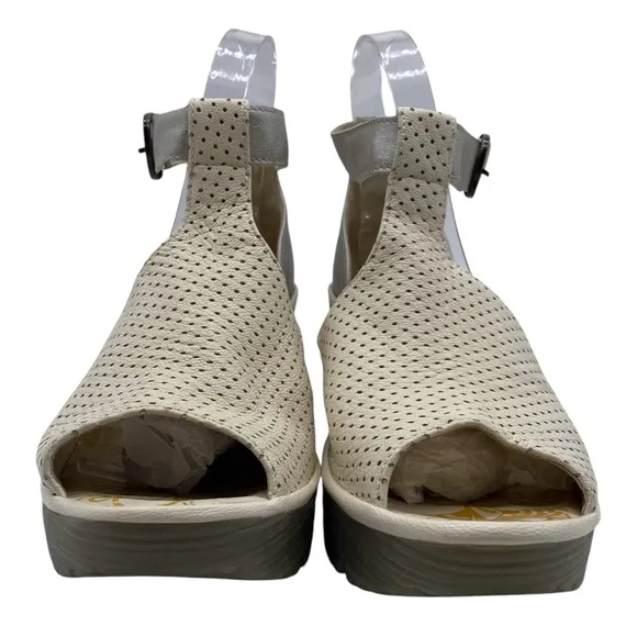 Fly London Womens Shoes Leather Wedge Sandals Sz 8.5 White Silver Leather Chunky