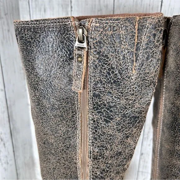 Fossil Tall Boots Distressed Brown Leather Bohemian Wedge Heels Size 9 NEW