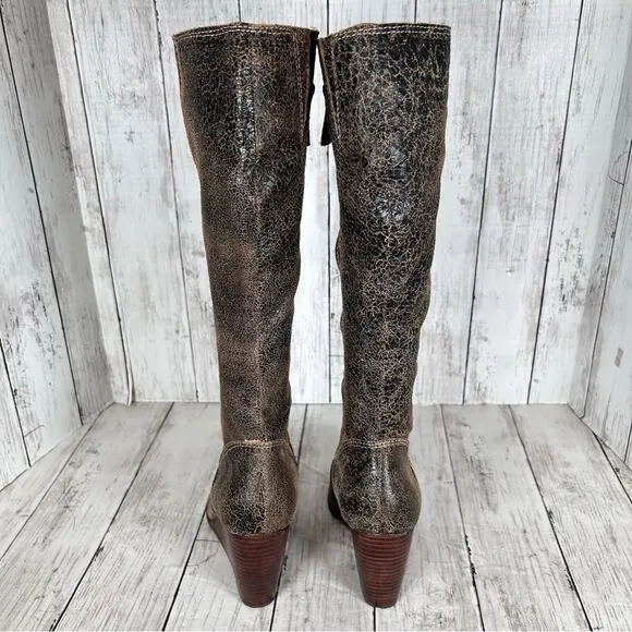 Fossil Tall Boots Distressed Brown Leather Bohemian Wedge Heels Size 9 NEW