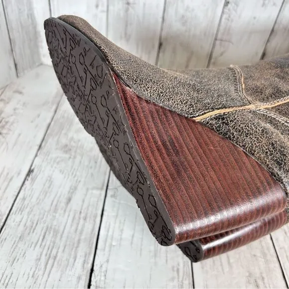 Fossil Tall Boots Distressed Brown Leather Bohemian Wedge Heels Size 9 NEW