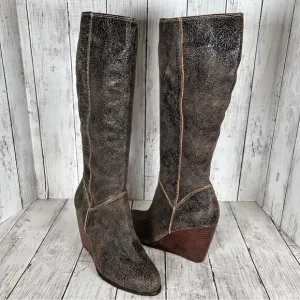 Fossil Tall Boots Distressed Brown Leather Bohemian Wedge Heels Size 9 NEW