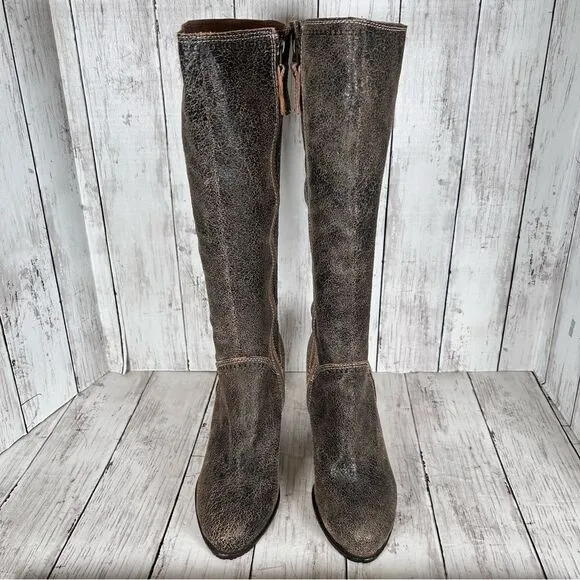 Fossil Tall Boots Distressed Brown Leather Bohemian Wedge Heels Size 9 NEW