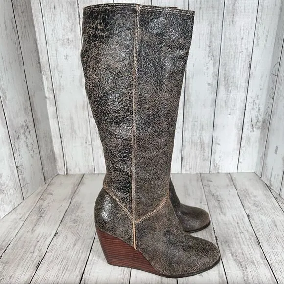 Fossil Tall Boots Distressed Brown Leather Bohemian Wedge Heels Size 9 NEW