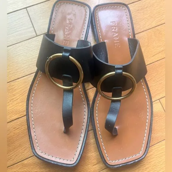 FRAME Le Brentwood Black Leather Sandals Size 37.5