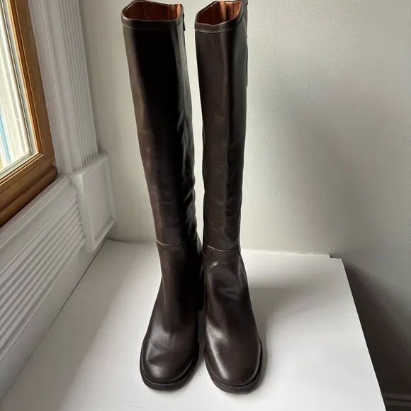 FRANCO SARTO Brown Rivet-tall Toe Block Heel Leather Boots Sz 10M
