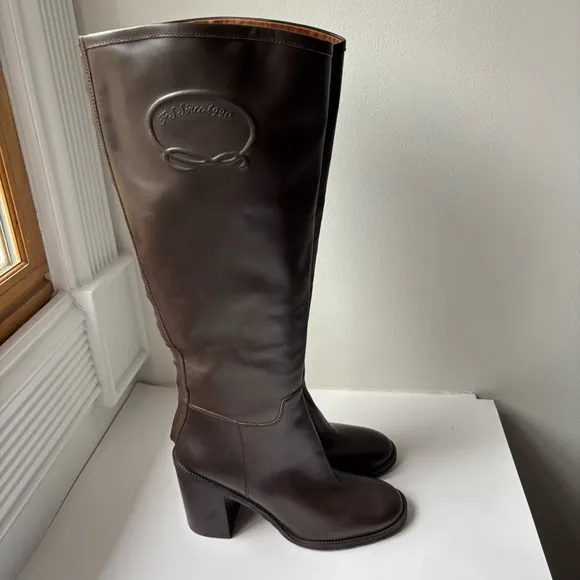 FRANCO SARTO Brown Rivet-tall Toe Block Heel Leather Boots Sz 10M