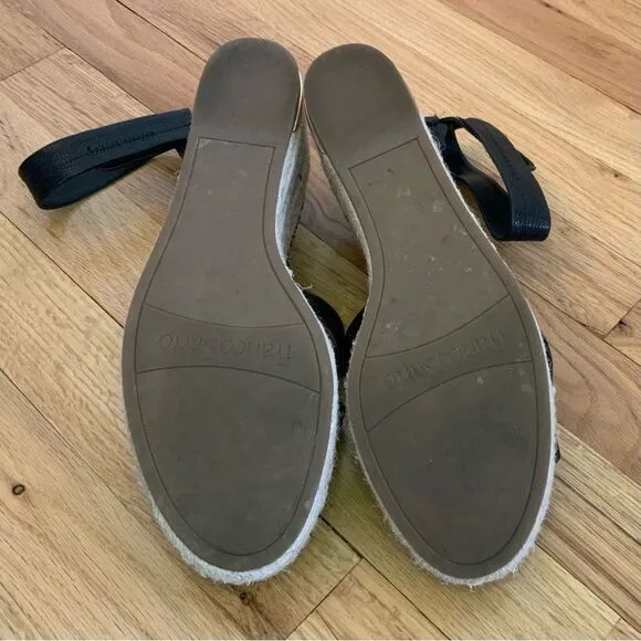 Franco Sarto Carmina Black Leather Espadrille Wedge Sandals