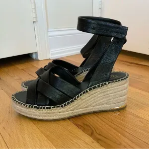 Franco Sarto Carmina Black Leather Espadrille Wedge Sandals