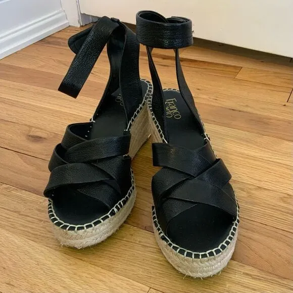 Franco Sarto Carmina Black Leather Espadrille Wedge Sandals