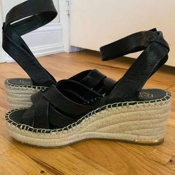 Franco Sarto Carmina Black Leather Espadrille Wedge Sandals