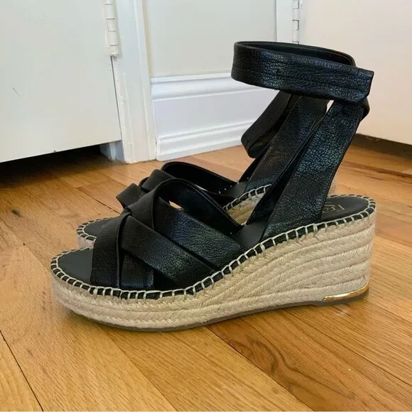 Franco Sarto Carmina Black Leather Espadrille Wedge Sandals