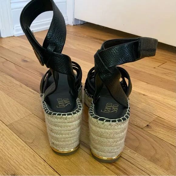 Franco Sarto Carmina Black Leather Espadrille Wedge Sandals