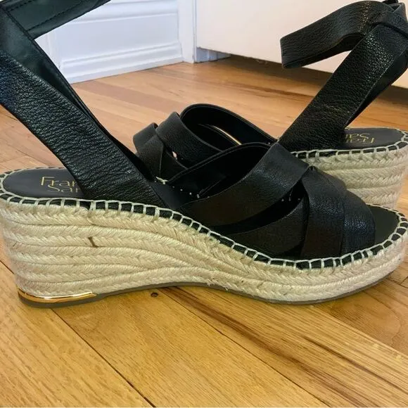 Franco Sarto Carmina Black Leather Espadrille Wedge Sandals