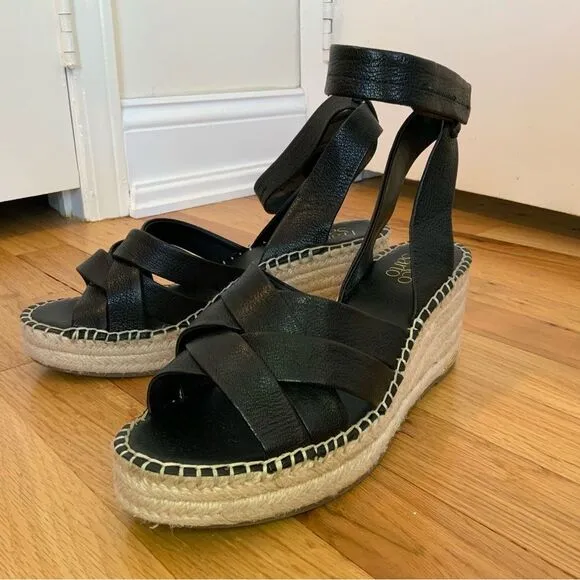 Franco Sarto Carmina Black Leather Espadrille Wedge Sandals