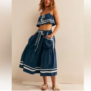 Free People Fischer Two Piece Nautical Stripe Cotton Breezy Summer Skirt Set