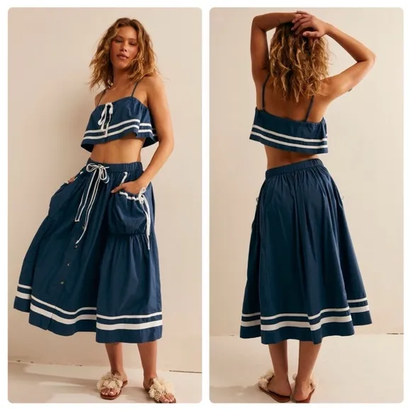 Free People Fischer Two Piece Nautical Stripe Cotton Breezy Summer Skirt Set