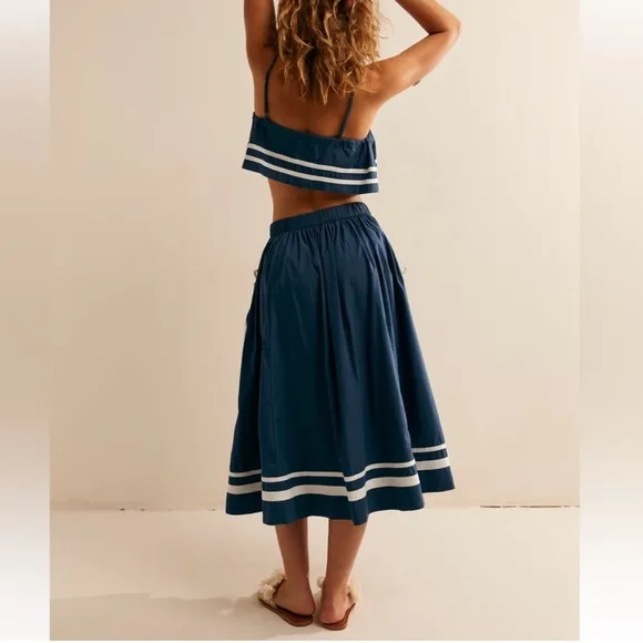 Free People Fischer Two Piece Nautical Stripe Cotton Breezy Summer Skirt Set