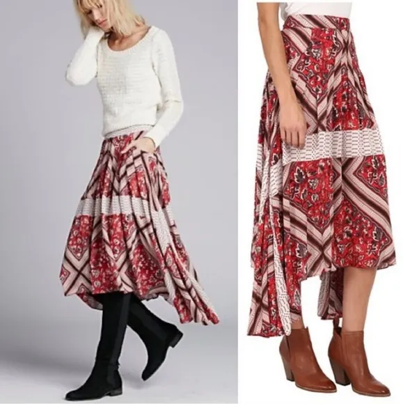 Free People Paradise Midi Skirt Mixed Floral Print Handkerchief Hem Size 4 NWT