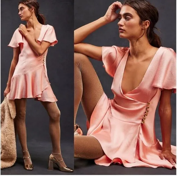 Free People Scarlett Satin Ruffle Wrap Mini Dress Peach. Size small