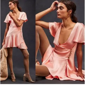 Free People Scarlett Satin Ruffle Wrap Mini Dress Peach. Size small