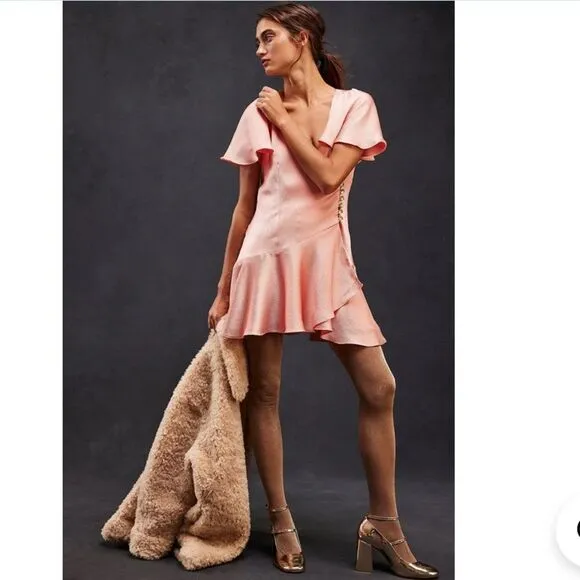 Free People Scarlett Satin Ruffle Wrap Mini Dress Peach. Size small