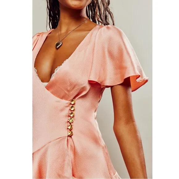 Free People Scarlett Satin Ruffle Wrap Mini Dress Peach. Size small