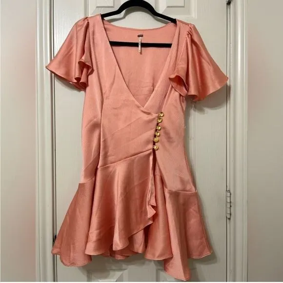 Free People Scarlett Satin Ruffle Wrap Mini Dress Peach. Size small